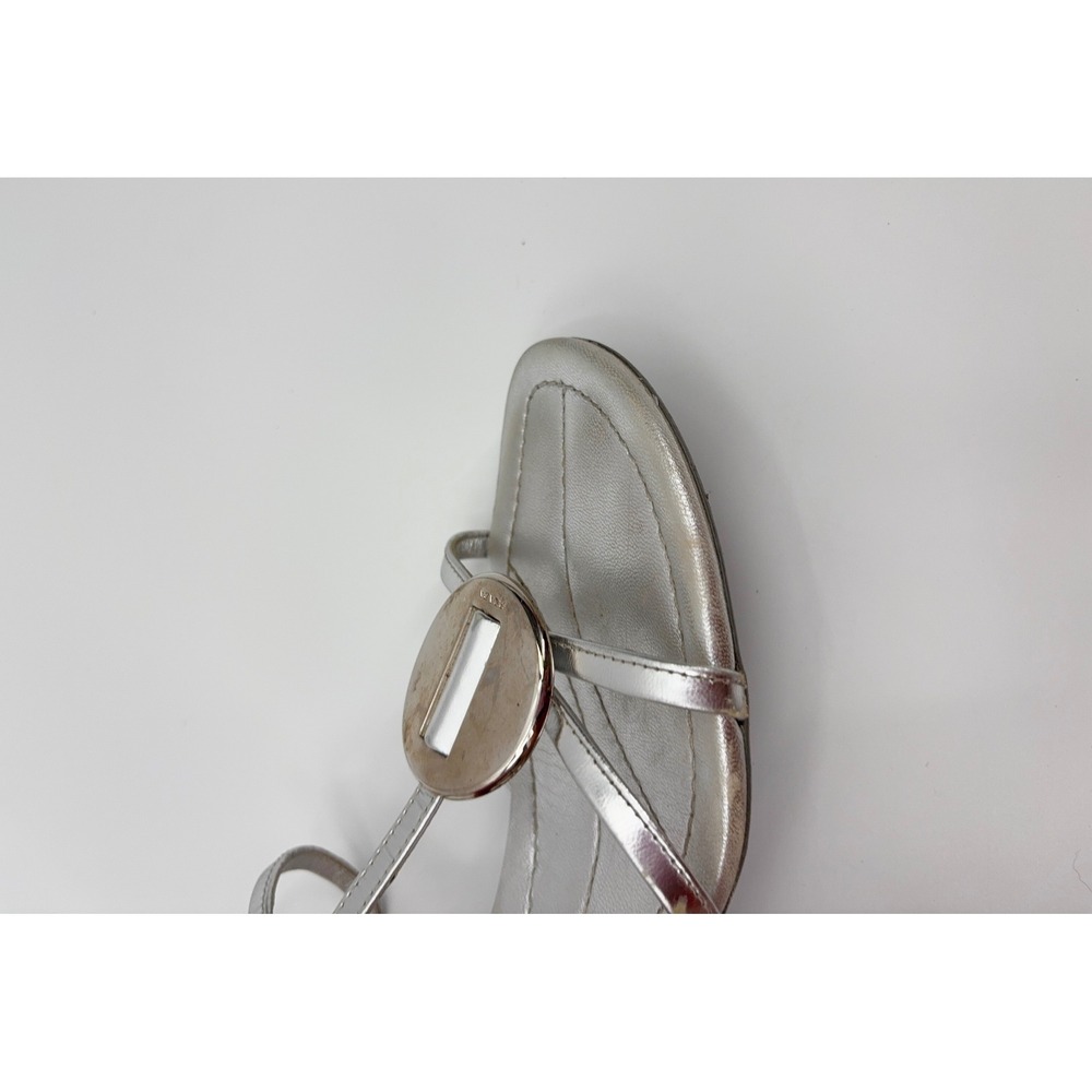 B5 Prada Metallic Leather Wedge Sandals 9.5 Silver T-Strap Medallion Strappy - Picture 11 of 14
